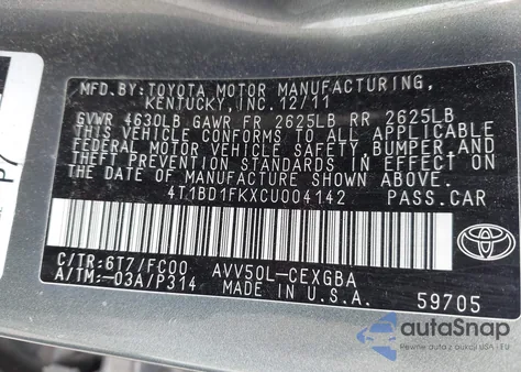 2012 Toyota Camry Hybrid Xle from USA, damaged, VIN 4T1BD1FKXCU004142